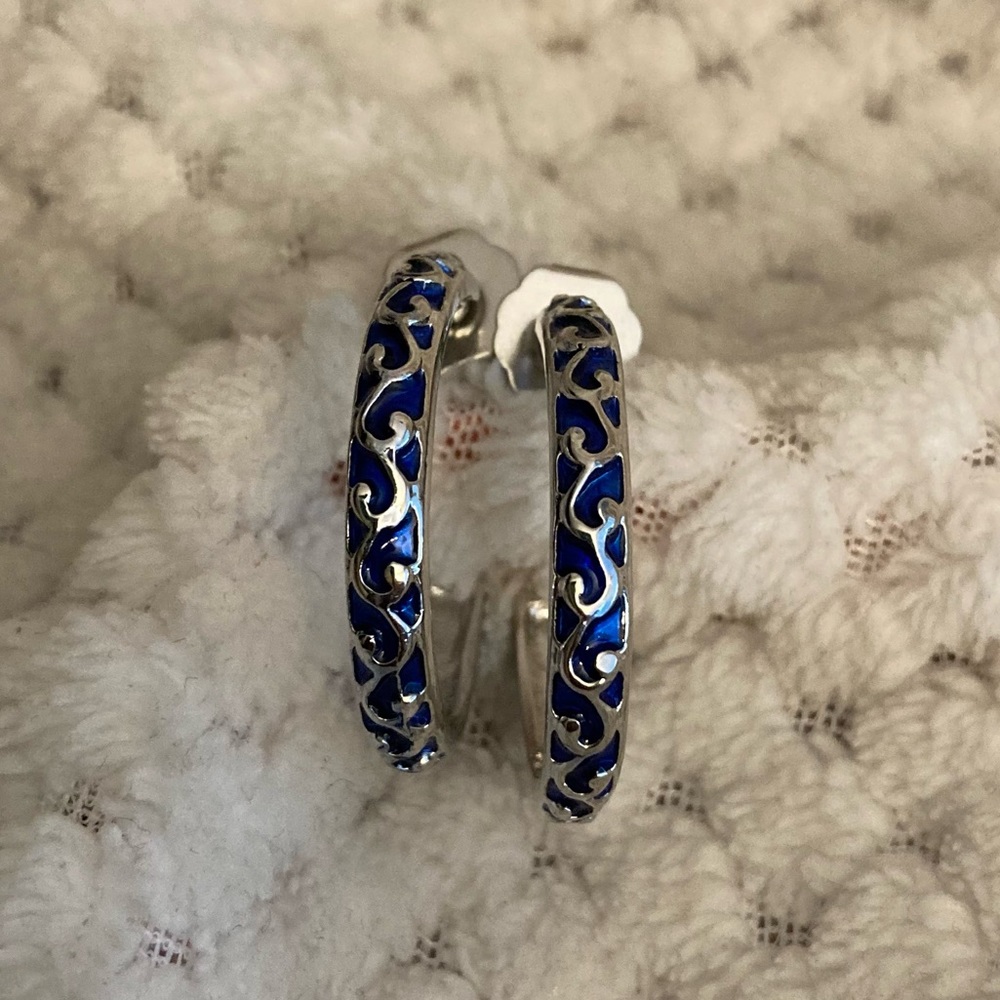 Austrian Crystal and Blue Enameled Criss Cross earrings in Brass